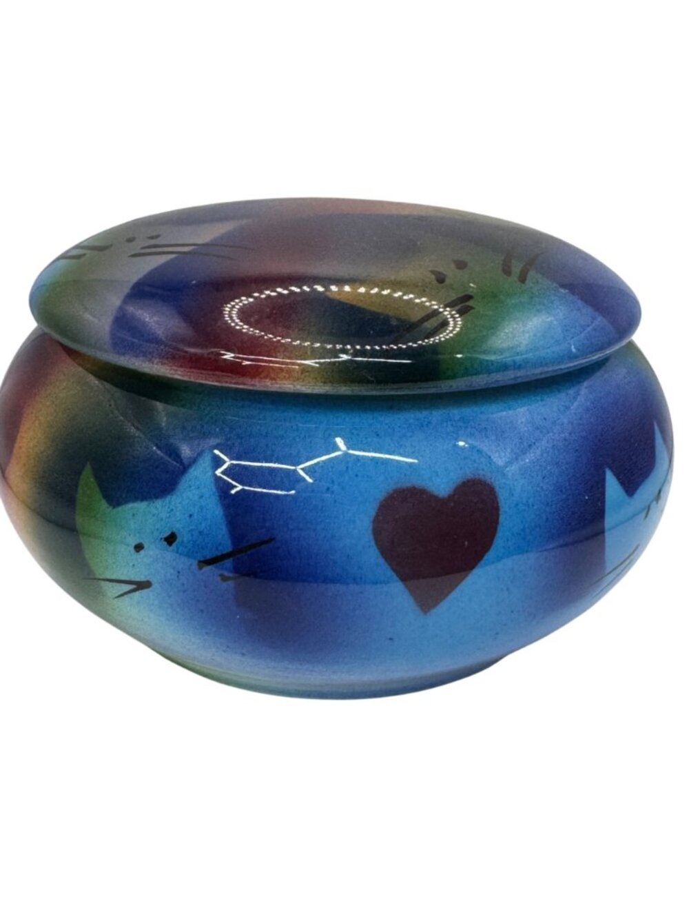 Vintage Judith Stiles Ceramic Jar Trinket Box w Lid Cat & Heart Design 4" Casket - Picture 2 of 9